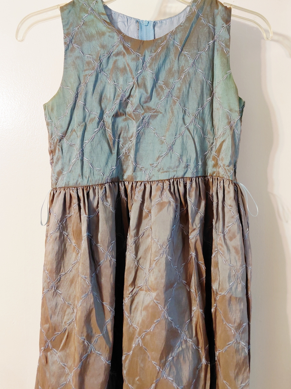 Girls Sleeveless Blue Brown Party Dress with Embroidered Lattice